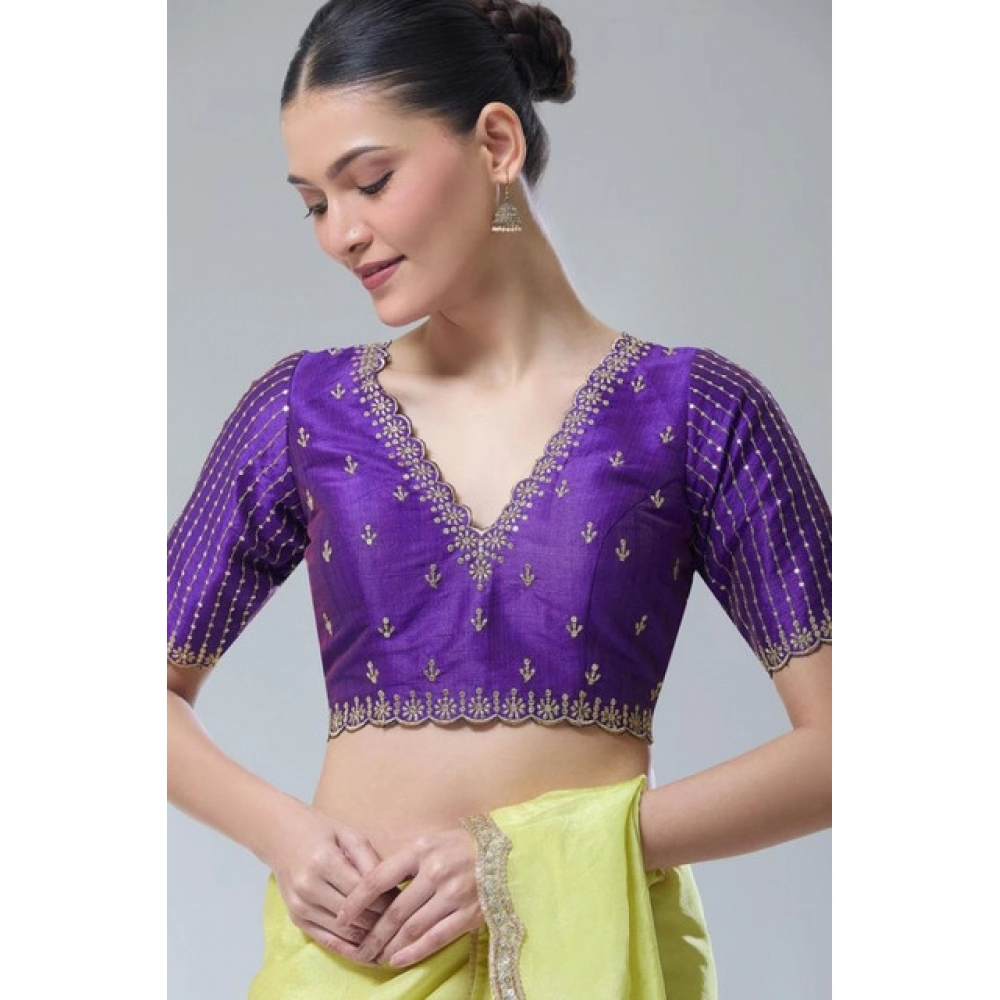 Women's Banarasi Silk Sequence V Neck Non Padded Blouse (Purple 38 Ready (Alterable up to 42)