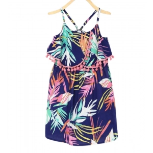 Generic Girl's Rayon Printed Shoulder Straps Dress (Navy Blue)