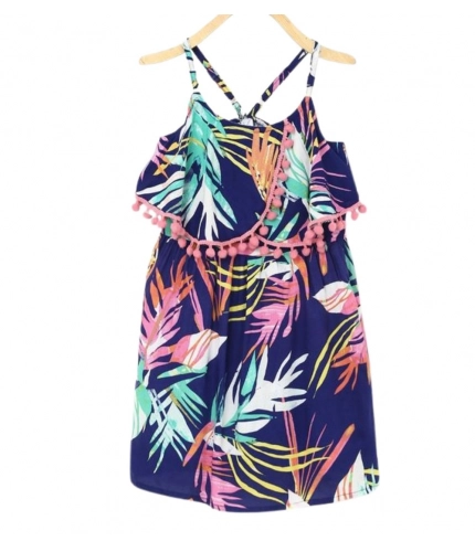 Generic Girl's Rayon Printed Shoulder Straps Dress (Navy Blue)