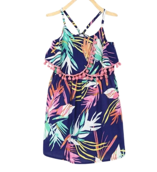 Generic Girl's Rayon Printed Shoulder Straps Dress (Navy Blue)