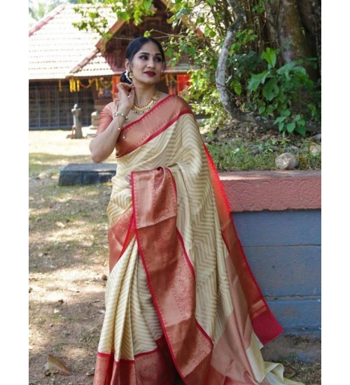 Generic Women's Litchi silk Printed Saree With Unstitched Blouse (Beige)
