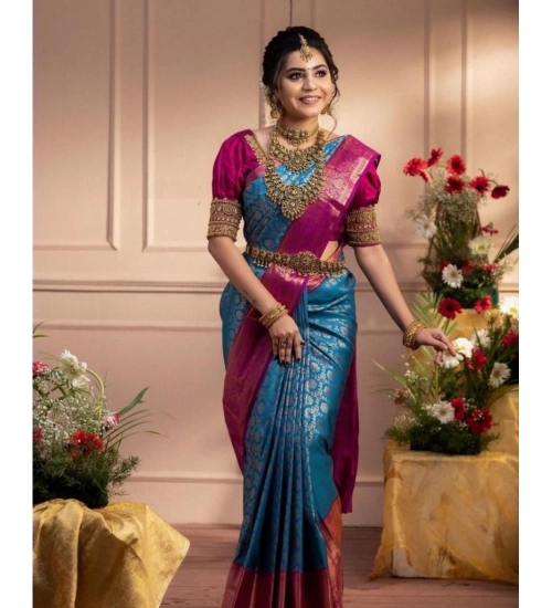 Generic Women's Soft Litchi Silk Jacquard Work Saree With Unstitched Blouse 5.5Mtr (Dark Blue)