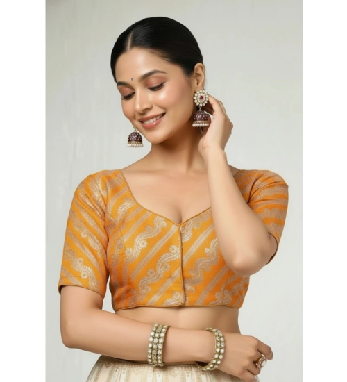 Generic Women's Jacquard Zari Round Neck Padded Blouse (Orange 38 Ready (Self Alterable 36–40)