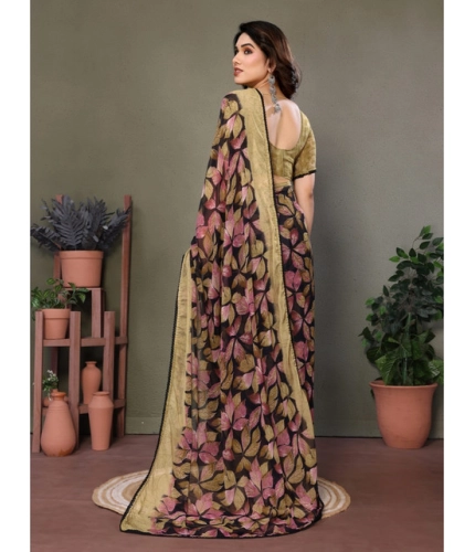 Generic Women's Chiffon Printed Saree With Unstitched Blouse 5.5Mtr (Beige)