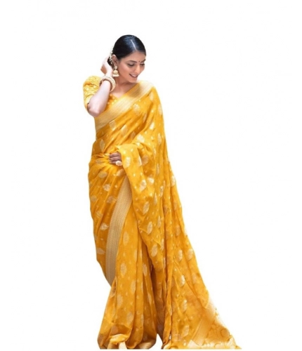 Generic Women's Soft Lichi Silk Printed Saree With Unstitched Blouse 5.5Mtr (Yellow)
