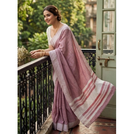 Generic Women's Linen Striped Saree With Unstitched Blouse 5.5Mtr (Magenta)