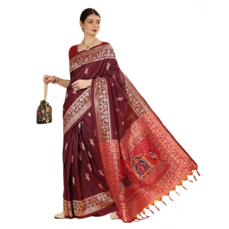 Generic Women's Raw_Silk Woven_Motif Saree With Unstitched Blouse 5.5Mtr (Maroon) Generic Women's Raw_Silk Woven_Motif Saree With Unstitched Blouse 5.5Mtr (Maroon)