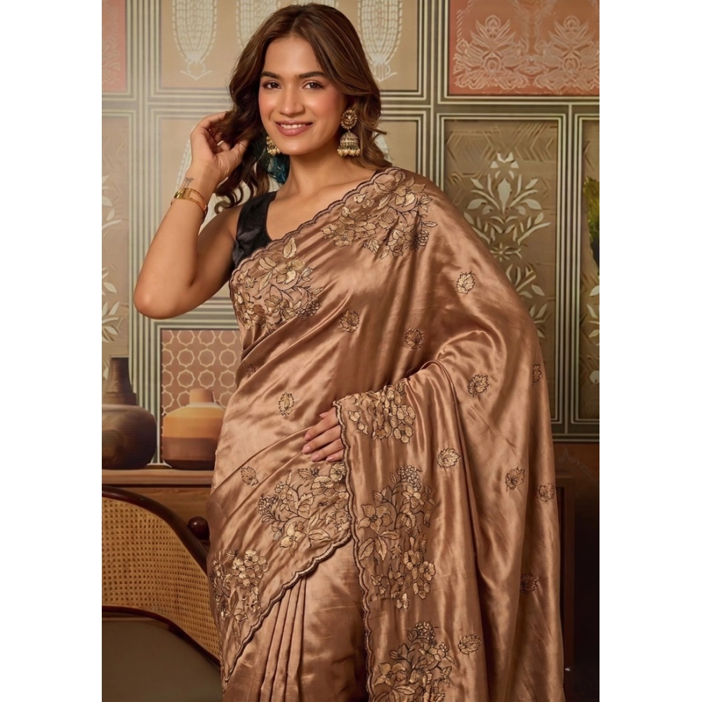 Generic Women's Viscose Silk Embroidered Saree With Unstitched Blouse 5.5Mtr (Brown)