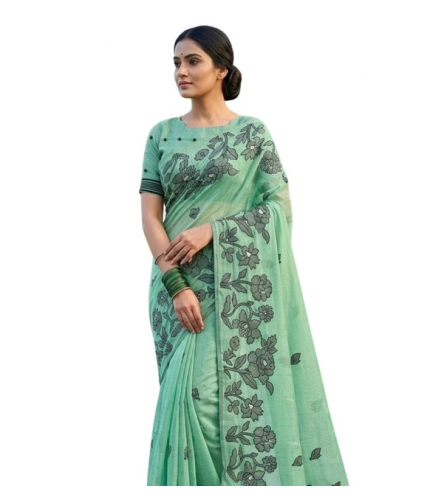 Generic Women's Linen Cotton Printed Saree With Unstitched Blouse 5.5Mtr (Rama Green)