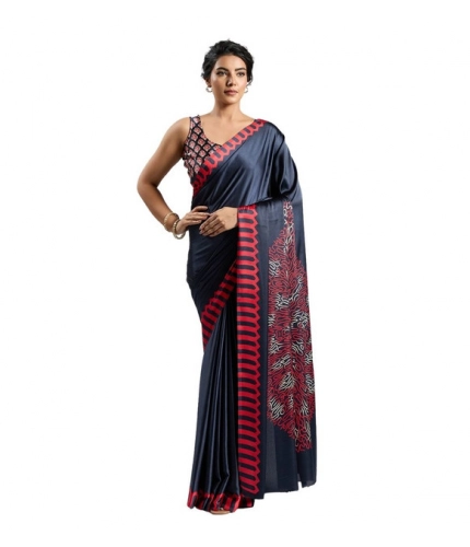 Generic Women's Satin Crepe Printed Saree With Unstitched Blouse 5.5Mtr (Navy Blue)