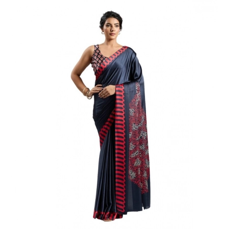 Generic Women's Satin Crepe Printed Saree With Unstitched Blouse 5.5Mtr (Navy Blue)