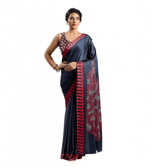 Generic Women's Satin Crepe Printed Saree With Unstitched Blouse 5.5Mtr (Navy Blue)