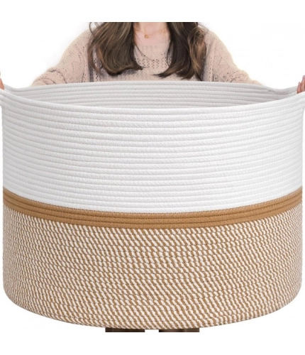 Generic Cotton Dori 16x14 Inch Storage Basket For Clothes With Out Lid (White-Beige-White)
