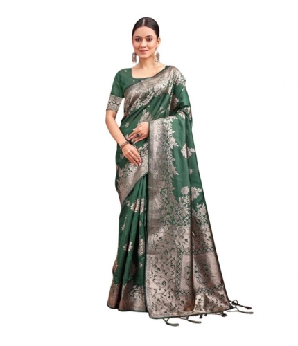 Generic Women's Banarasi Silk Printed Saree With Unstitched Blouse 5.5Mtr (Dark Green)