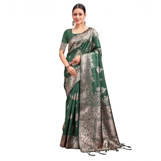 Generic Women's Banarasi Silk Printed Saree With Unstitched Blouse 5.5Mtr (Dark Green)