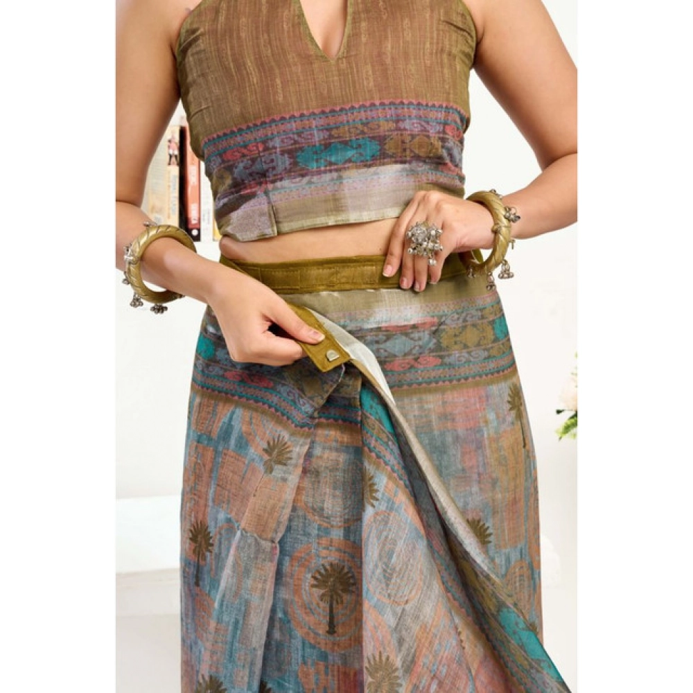 Generic Women's Linen Cotton Printed Ready To Wear Saree With Unstitched Blouse 5.5 Mtr (Multicolor)