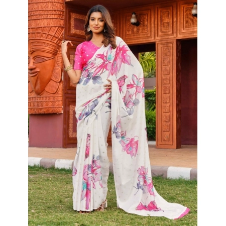 Generic Women's Georgette Floral & Butterfly Printed Saree With Unstitched Blouse 5.5Mtr (Off White-Pink)