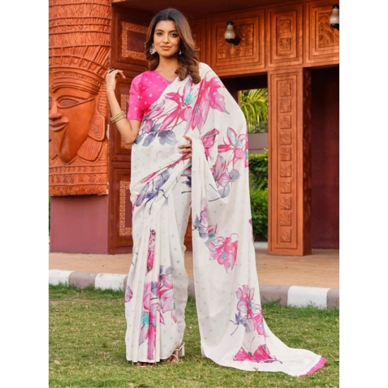 Generic Women's Georgette Floral & Butterfly Printed Saree With Unstitched Blouse 5.5Mtr (Off White-Pink) Generic Women's Georgette Floral & Butterfly Printed Saree With Unstitched Blouse 5.5Mtr (Off White-Pink)