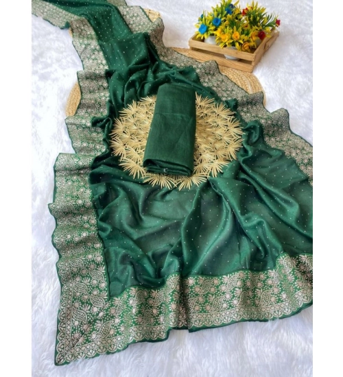 Generic Women's Silk Embroidred Saree With Unstitched Blouse 5.5Mtr (Dark Green)