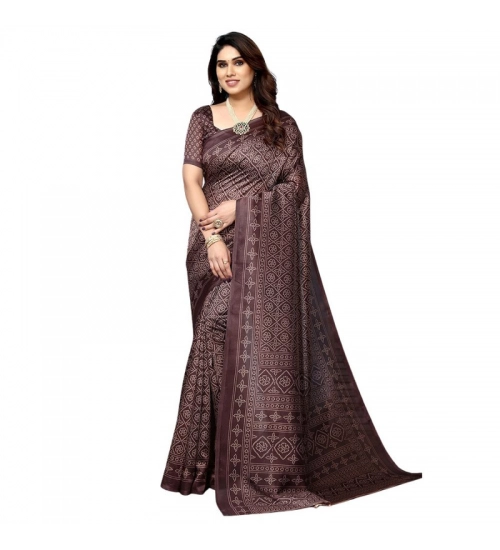 Generic Women's Litchi silk Printed Saree With Unstitched Blouse  5-6 Mtrs (Brown)