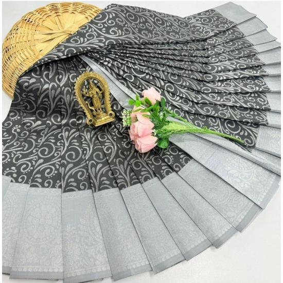 Generic Women's Soft Silk Printed Saree With Unstitched Blouse 5.5Mtr (Grey)