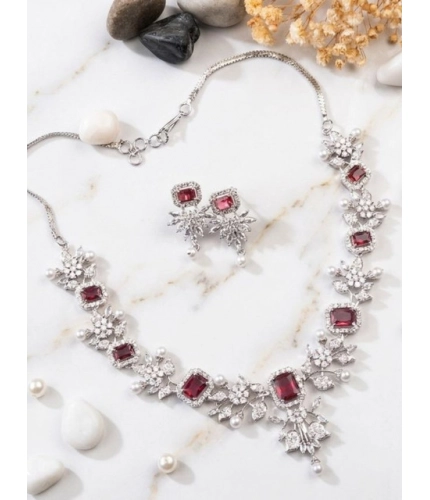 Generic Women's Brass Silver Plated Necklace set (Red)