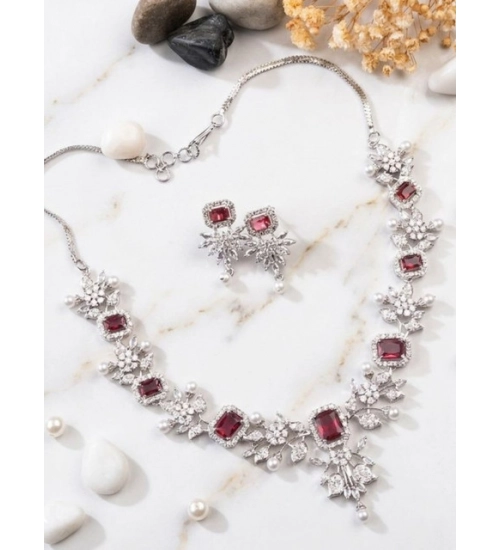 Generic Women's Brass Silver Plated Necklace set (Red)
