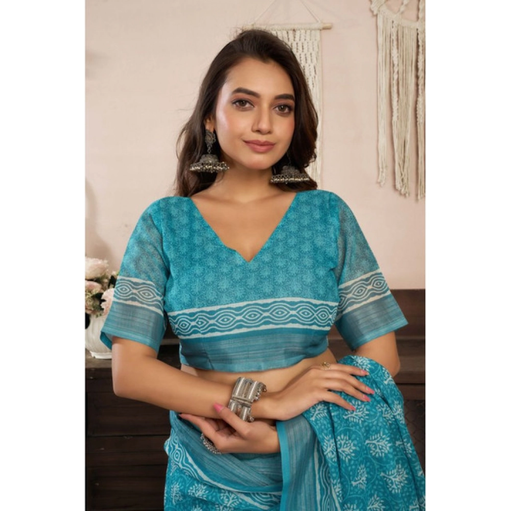 Generic Women's Linen Cotton Printed Ready To Wear Saree With Unstitched Blouse 5.5 Mtr (Aqua_Blue) Generic Women's Linen Cotton Printed Ready To Wear Saree With Unstitched Blouse 5.5 Mtr (Aqua_Blue)