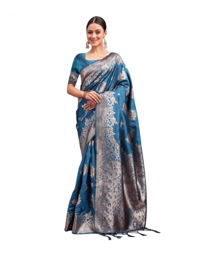 Generic Women's Banarasi Silk Printed Saree With Unstitched Blouse 5.5Mtr (Teal Blue)