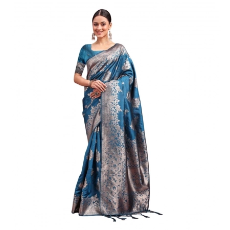 Generic Women's Banarasi Silk Printed Saree With Unstitched Blouse 5.5Mtr (Teal Blue)