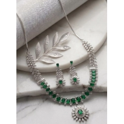 Generic Women's Brass Silver Plated Necklace set (Green)