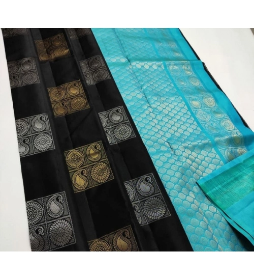 Generic Women's Litchi silk Printed Saree With Unstitched Blouse (Black With Blue)