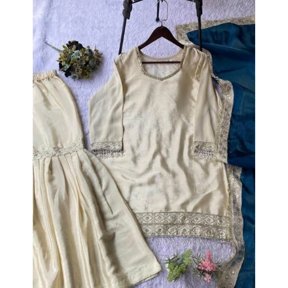 Generic Women's Silk Embroidered 3/4th Sleeve V-Neck Kurti With Sharara Pant and Dupatta Set (Cream & Teal) Generic Women's Silk Embroidered 3/4th Sleeve V-Neck Kurti With Sharara Pant and Dupatta Set (Cream & Teal)