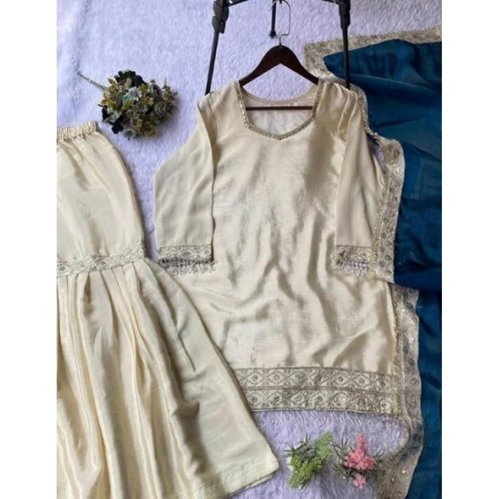 Generic Women's Silk Embroidered 3/4th Sleeve V-Neck Kurti With Sharara Pant and Dupatta Set (Cream & Teal) Generic Women's Silk Embroidered 3/4th Sleeve V-Neck Kurti With Sharara Pant and Dupatta Set (Cream & Teal)