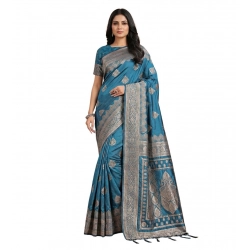 Generic Women's Silk Blend Printed Saree With Unstitched Blouse 5.5Mtr (Teal)