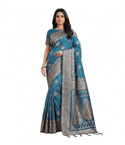 Generic Women's Silk Blend Printed Saree With Unstitched Blouse 5.5Mtr (Teal)