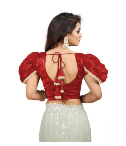 Generic Women's Jimmy Solid V Neck Puff Sleeve Readymade Blouse (Red 38 , Alterable up to 42)-PID65844