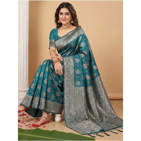 Generic Women's Silk Blend Printed Saree With Unstitched Blouse 5.5Mtr (Sea Green)
