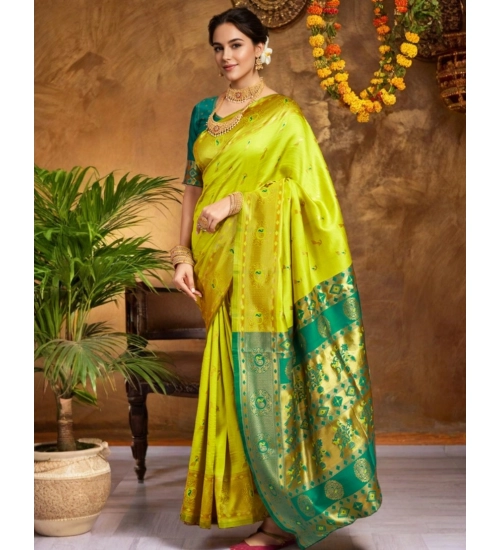 Generic Women's Silk Blend Zari Weaving Saree With Unstitched Blouse 5.5Mtr (Lime-Green)