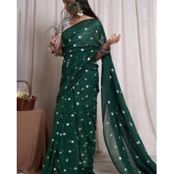 Generic Women's Linen Printed Saree With Unstitched Blouse 5.5Mtr (Green)