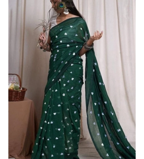 Generic Women's Linen Printed Saree With Unstitched Blouse 5.5Mtr (Green)