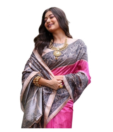 Generic Women's Faux_Tussar Ethnic_Print Saree With Unstitched Blouse 5.5Mtr (Pink)