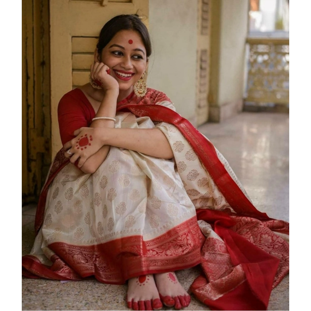 Generic Women's Soft Lichi Silk Printed Saree With Unstitched Blouse 5.5Mtr (White)