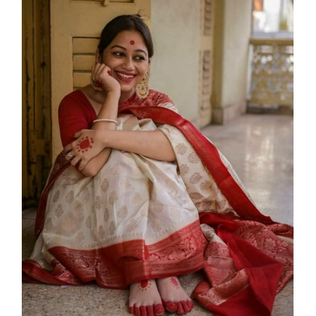 Generic Women's Soft Lichi Silk Printed Saree With Unstitched Blouse 5.5Mtr (White)