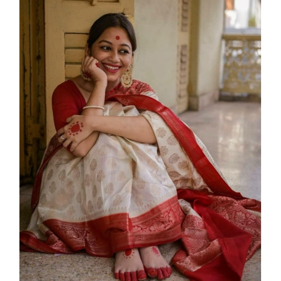 Generic Women's Soft Lichi Silk Printed Saree With Unstitched Blouse 5.5Mtr (White)