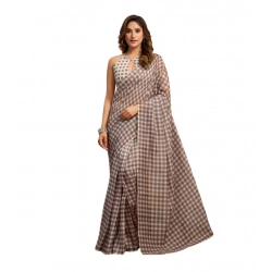 Generic Women's Linen Cotton Printed Ready To Wear With Pocket Saree With Unstitched Blouse 5.5 Mtr (Light_Brown)