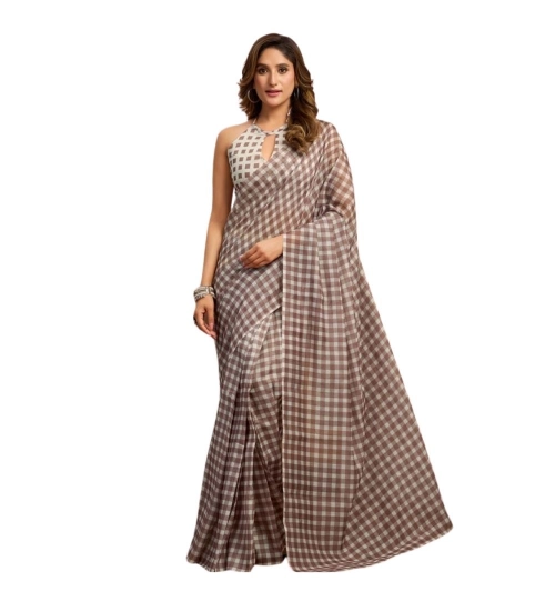 Generic Women's Linen Cotton Printed Ready To Wear With Pocket Saree With Unstitched Blouse 5.5 Mtr (Light_Brown)