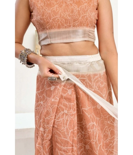 Generic Women's Faux Linen Floral Print Ready to wear Saree With Unstitched Blouse 5.5Mtr (Peach)