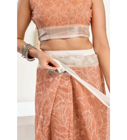 Generic Women's Faux Linen Floral Print Ready to wear Saree With Unstitched Blouse 5.5Mtr (Peach)
