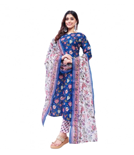 Generic Women's Cotton Blend Printed Kurti With Pant Dupatta Set (Blue)